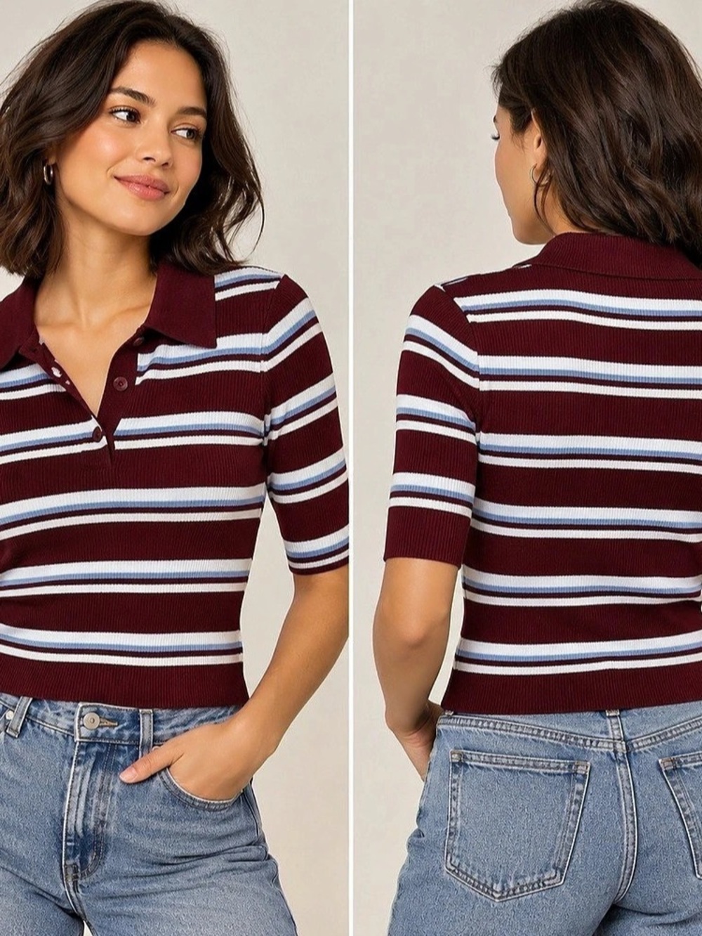 CIDER Striped Polo Top in Burgundy Size Medium NWT